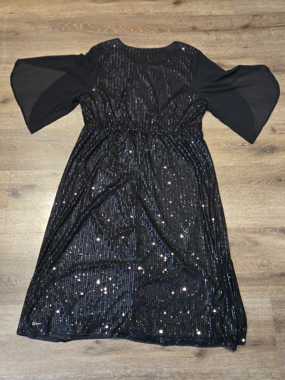 BloomChic Black Sequin Midi Dress with Chiffon Cape Sleeves - Picture 4 of 6